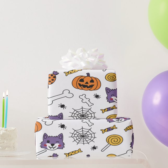 Creepy Cute Wolf Spooky Pumpkins Wrapping Paper (Party Gifts)