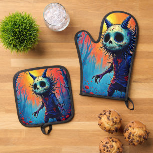 Creepy Demon in Spooky Woods Design Oven Mitt & Pot Holder Set