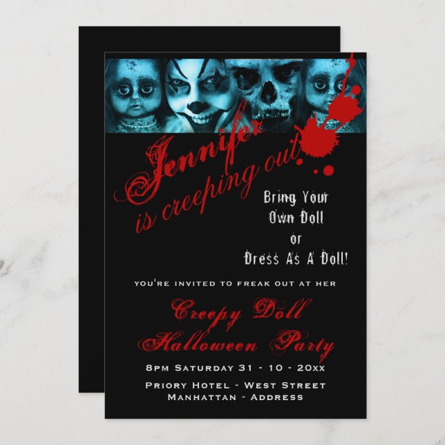 Creepy Doll Costume Party Halloween Evil Scary Invitation (Front/Back)