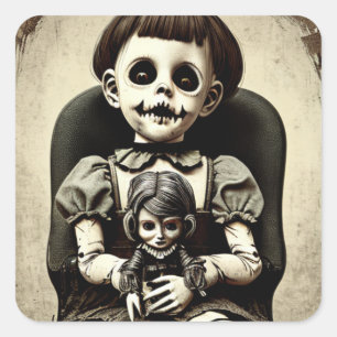 Creepy Doll Holding an Old Vintage Haunted Doll Square Sticker