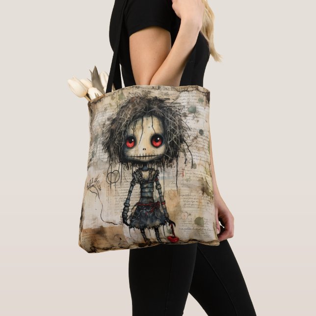 Creepy Doll with Heart Tote Bag (Close Up)