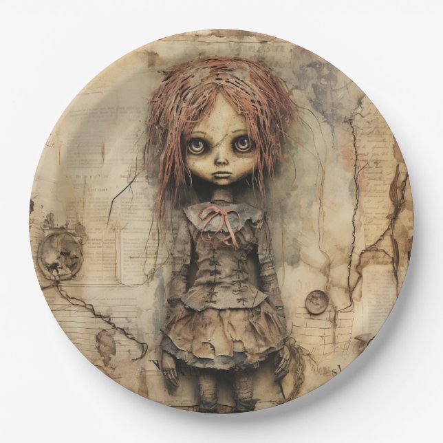 Creepy Doll with Pink Bow Paper Plate (Front)