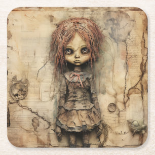 Creepy Doll with Pink Bow Square Paper Coaster