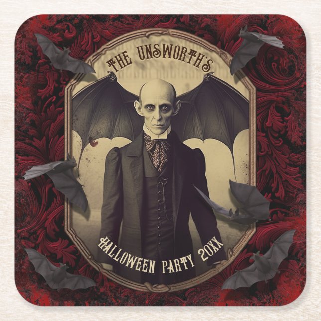 Creepy Dracula Vampire Halloween Party Square Paper Coaster (Front)