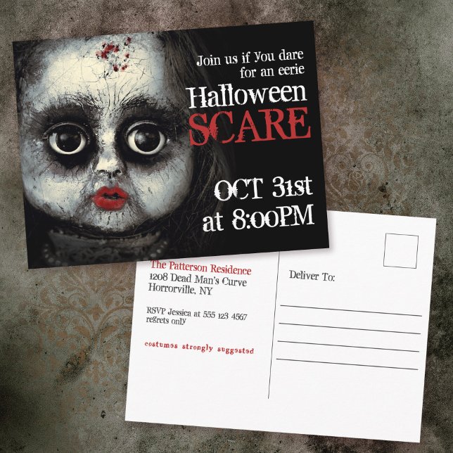 Creepy Eerie Goth Doll Halloween Party Invitation Postcard (Creator Uploaded)
