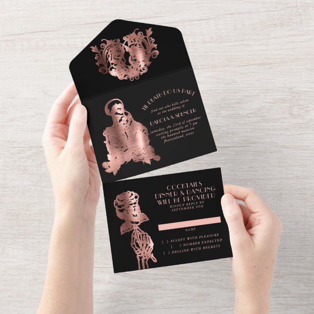 Creepy Elegance | Gothic Rosegold Skeleton Wedding All In One Invitation (Tearaway)