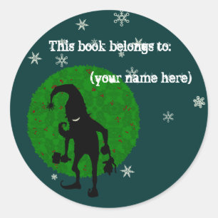 Creepy elf bookplate, dark classic round sticker