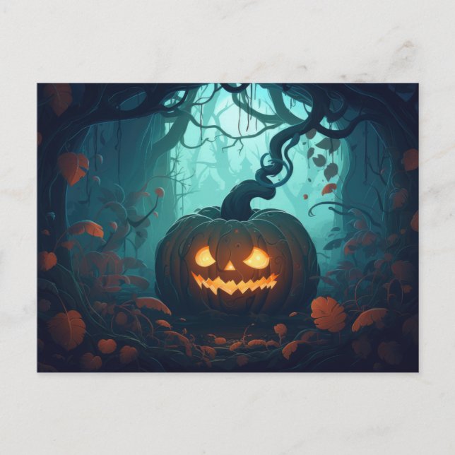 Creepy Forest with Jack-O' Lanterns Halloween Holiday Postcard (Front)
