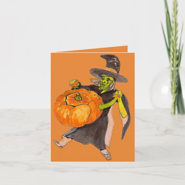 Creepy Funny Halloween Dancing Pumpkin Witch Color Card (Front)