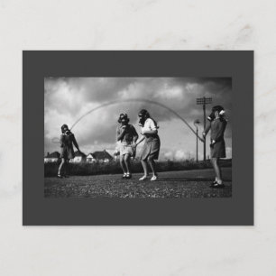 Creepy Gas Mask on Children Jumping Rope Postcard
