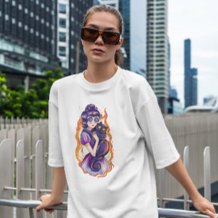 Creepy Girl And Cat On Fire   T-Shirt