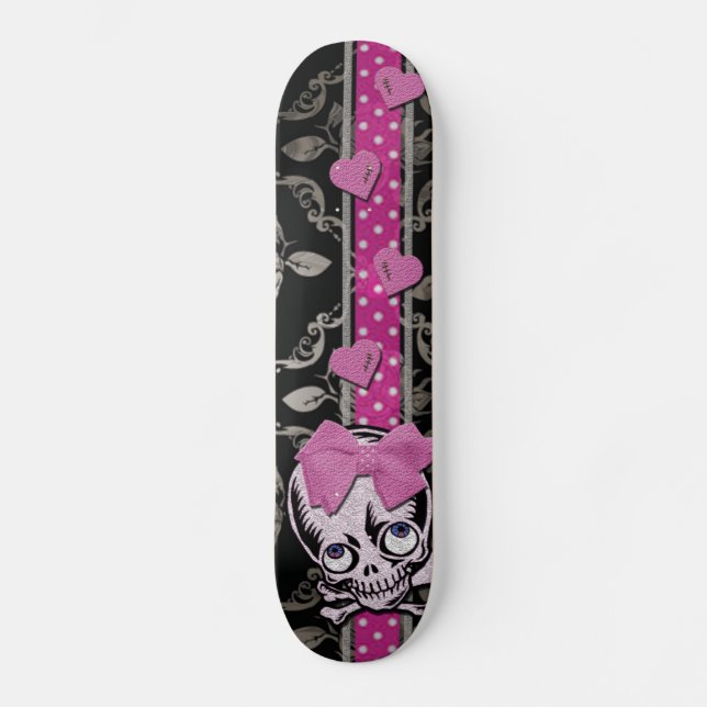 Creepy Girl Skull with Pink Bow on Black Damask Skateboard (Front)