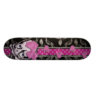 Creepy Girl Skull with Pink Bow on Black Damask Skateboard