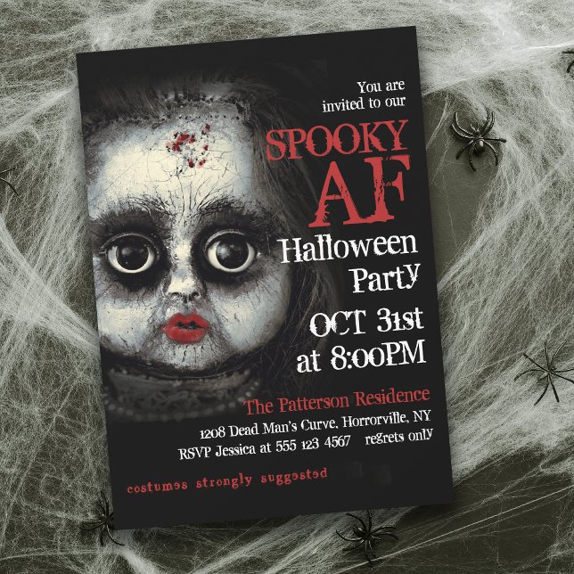 Creepy Goth Doll Spooky AF Halloween Party Invitation (Host an unforgettably Spooky AF Halloween Party this year!)