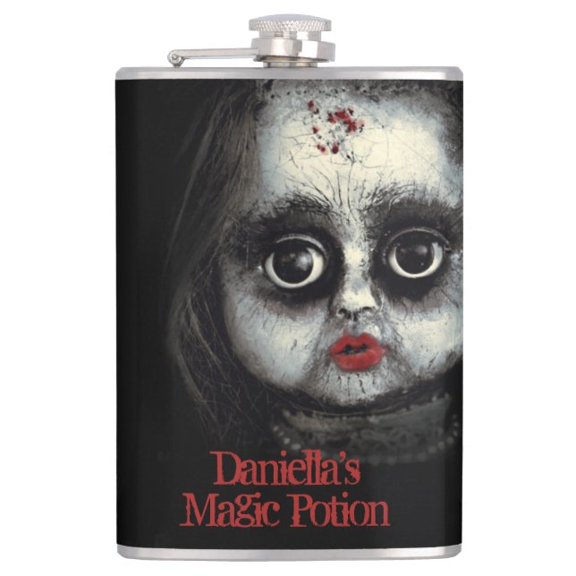 Creepy Goth Porcelain Doll Halloween Horror Hip Flask (Front)