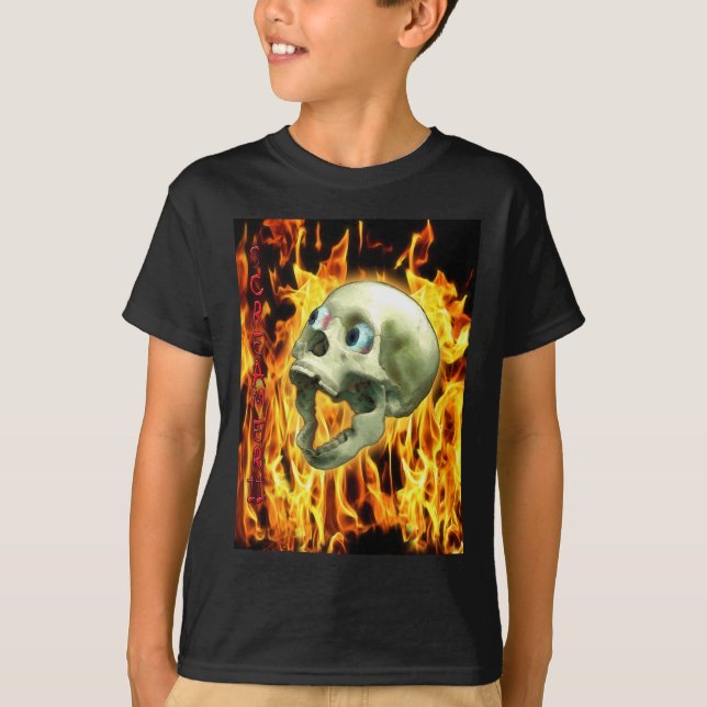 Creepy Gothic Skull, Flames, Halloween Horror T-Shirt (Front)