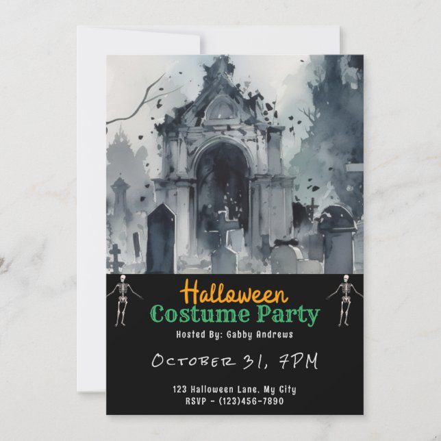 Creepy Graveyard Cemetery Graves Black Halloween Invitation (Front)