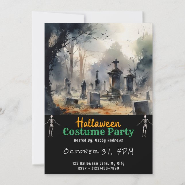 Creepy Graveyard Cemetery Graves Black Halloween Invitation (Front)