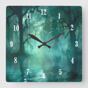 Creepy Green Swamp White Numbers Square Wall Clock