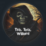 Creepy Grim Reaper Birthday Paper Plate<br><div class="desc">The grim reaper with his skeletal face and an ominous background makes up this scary design that says,  "Tick,  tock,  name."</div>