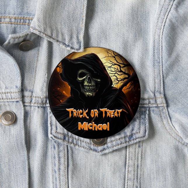 Creepy Grim Reaper Trick or Treat 10 Cm Round Badge (In Situ)