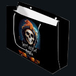 Creepy Grinning Skeleton Halloween Birthday Large Gift Bag<br><div class="desc">Gift bag with an illustration of a skeleton wearing a hooded jacket with an orange witch's hat on top. Surrounded by cute and spooky pumpkins. A glowing moon in the back with a single bat flying nearby. Fun autumn Halloween design.</div>