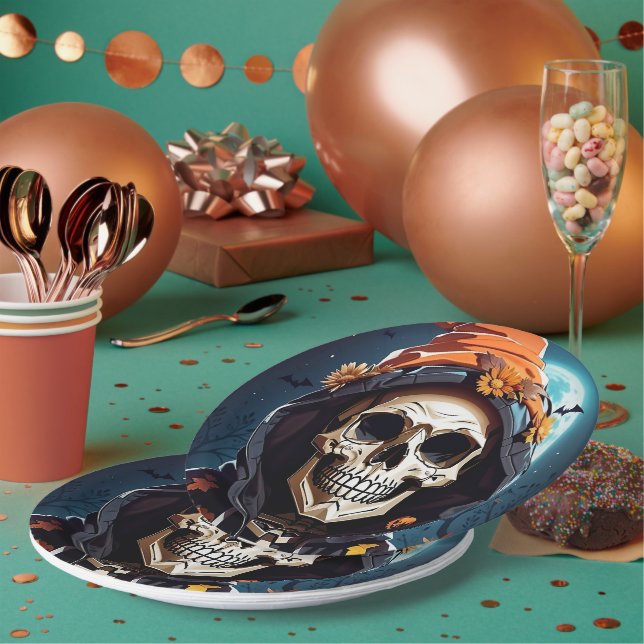 Creepy Grinning Skeleton Halloween Paper Plate (Multi)