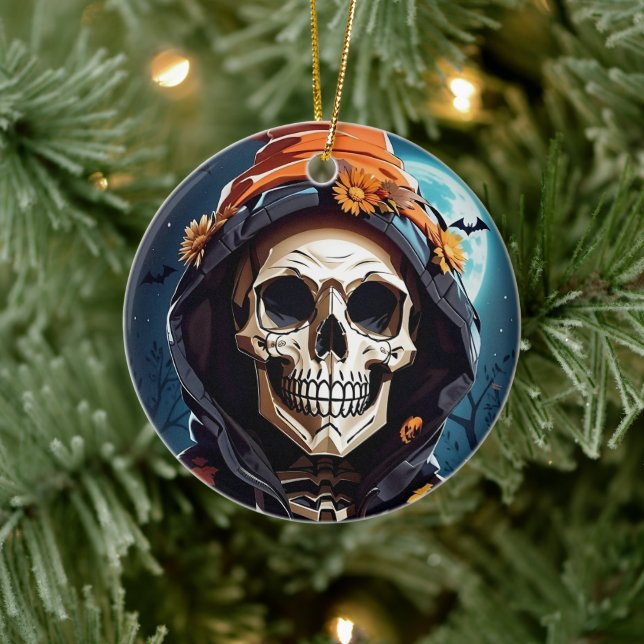 Creepy Grinning Skull Halloween Ceramic Tree Decoration (Tree)