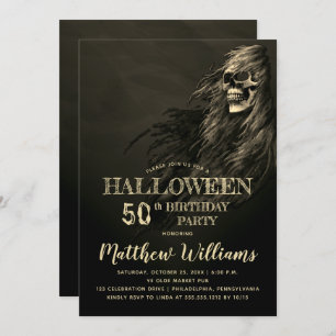 Creepy Hair Skull Halloween 50th Birthday Party In Invitation