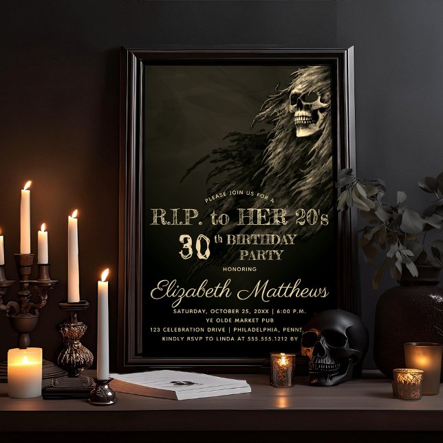 Creepy Hair Skull RIP to Her 20s Birthday Party Invitation (Eerie Night, Creepy, Scary Skull Halloween Adult Death to Her 20's Birthday Party Invitation)
