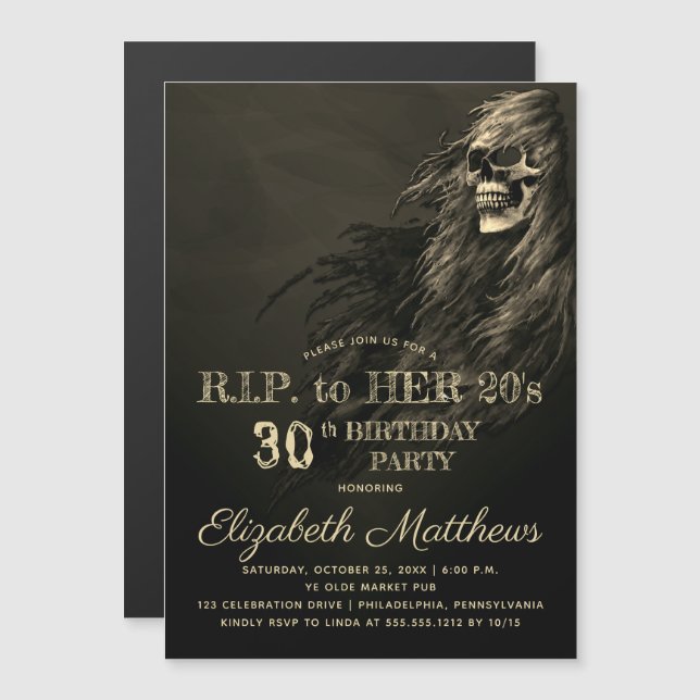 Creepy Hair Skull RIP to Her 20s Birthday Party Magnetic Invitation (Front/Back)