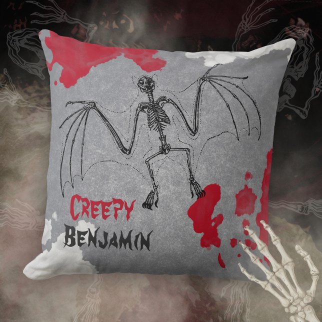 Creepy Halloween Bat Skeleton Your Name Cushion (Creepy Halloween Bat Skeleton Your Name Throw Pillow ©Susanne Sachers - Sunny Mind Design 🌞)