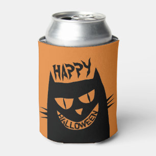 Creepy Halloween Black Cat on Orange Can Cooler