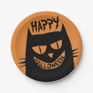 Creepy Halloween Black Cat on Orange Paper Plate