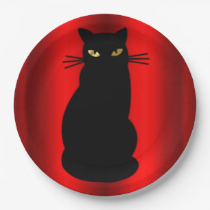 Creepy Halloween Black Cat on Red Paper Plate