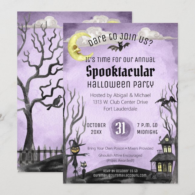 Creepy Halloween Costume Party Spooky Purple Black Invitation (Front/Back)