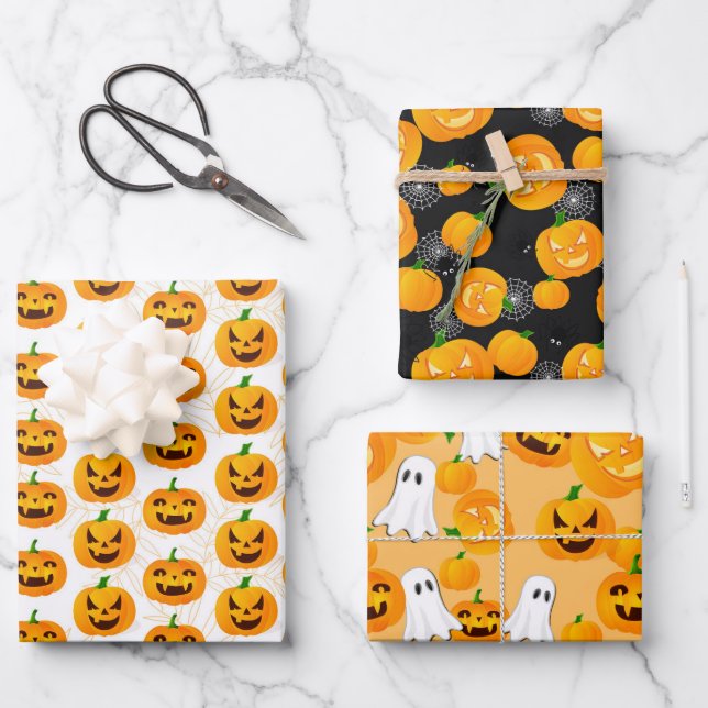  Creepy Halloween Ghost Jack O Lantern Spider Web  Wrapping Paper Sheet (Front)
