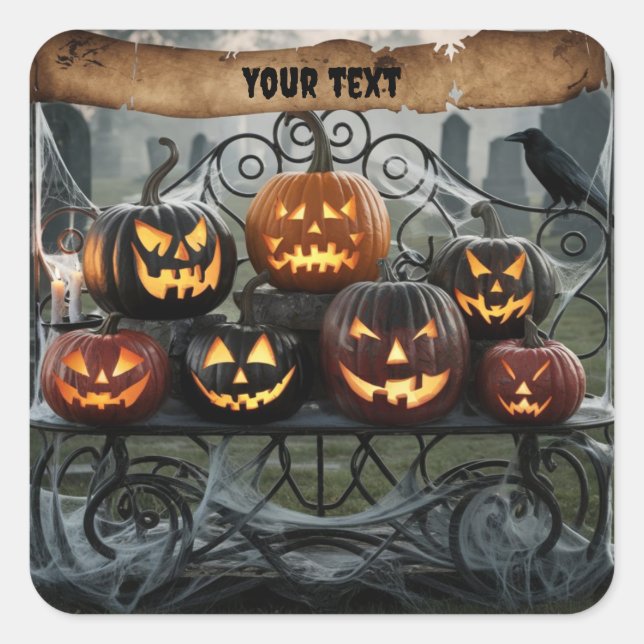 Creepy Halloween Jack-o'-Lanterns with Spiderwebs Square Sticker (Front)