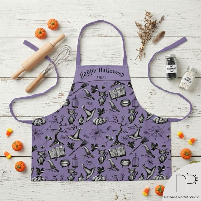 Creepy Halloween Personalised Apron for Children (Hand drawn creepy Halloween kid apron with ink art and a chic noir aesthetic)