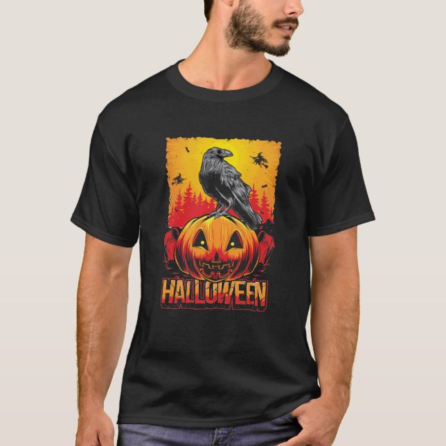 Creepy Halloween Pumpkin Head with Crow T-Shirt (Front)