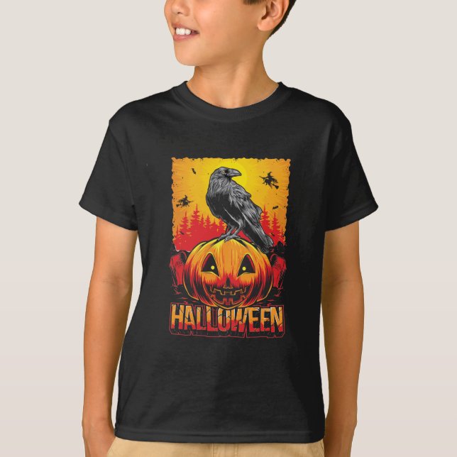 Creepy Halloween Pumpkin Head with Crow T-Shirt (Front)