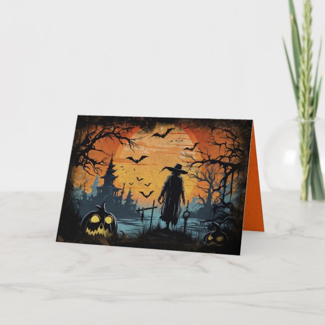 Creepy Halloween Scene Sunset & Pumpkins  Card (Front)