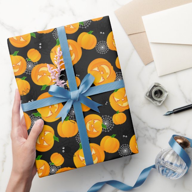 Creepy Halloween Spider Jack O Lantern Spider Web Wrapping Paper (Gifting)