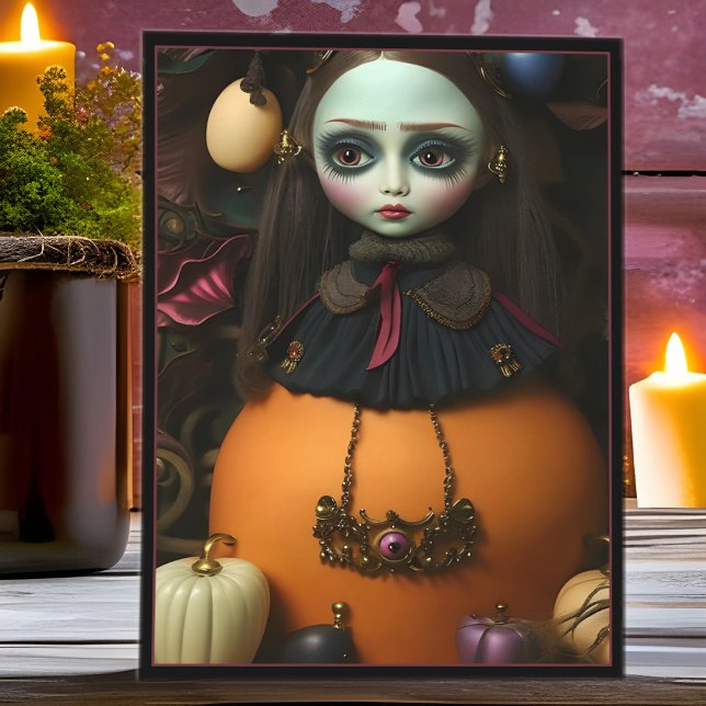 Creepy Halloween Wednesday Doll Surreal Gothic Holiday Card (Cute & creepy Halloween gothic doll surreal art greeting card)