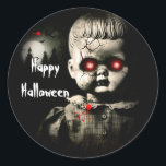 Creepy Haunted Doll Halloween Costume Party Classic Round Sticker<br><div class="desc">customise with any text.</div>