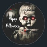 Creepy Haunted Doll Halloween Costume Party Classic Round Sticker<br><div class="desc">customise with any text.</div>