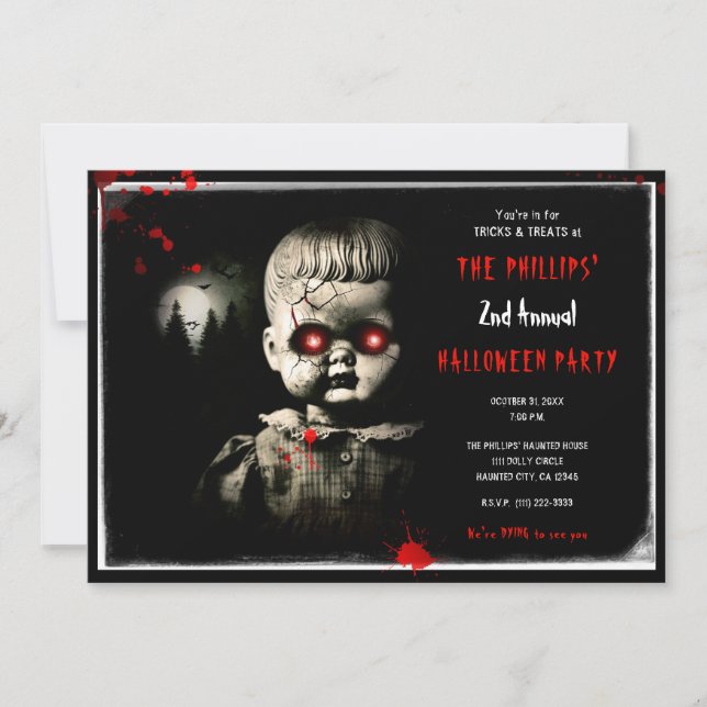 Creepy Haunted Doll Halloween Costume Party Invitation (Front)