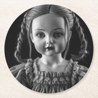 Creepy Haunted Doll in Black and White Coaster
