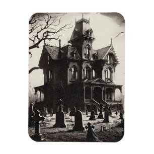 Creepy Haunted House Graveyard Drawing Magnet
