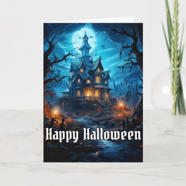 Creepy Haunted House Happy Halloween Card (Front)